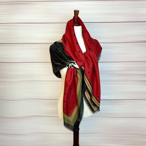 KRIZIA Italy Large Scarf Shawl Wool Silk Blend Red with Panda Print 52x52” - Picture 5 of 11